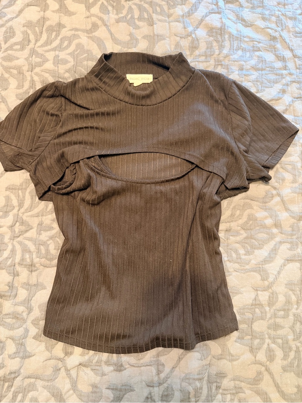 Moa Moa Brown Ribbed Cutout Mock Neck Crop Top